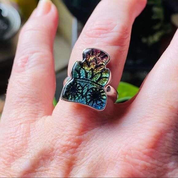 Owl Dichroic Glass Solid Sterling Silver Ring Size 7 - Picture 4 of 6